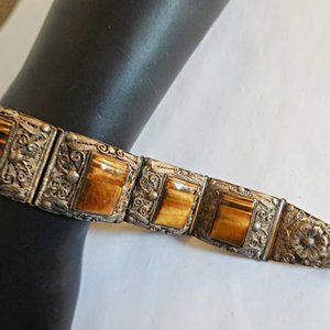 Antique Chinese Export Tiger's Eye Sterling Silver Filigree Bracelet